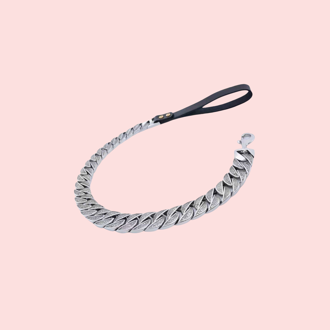 Miami Rhinestone Cuban Link Leash- Silver